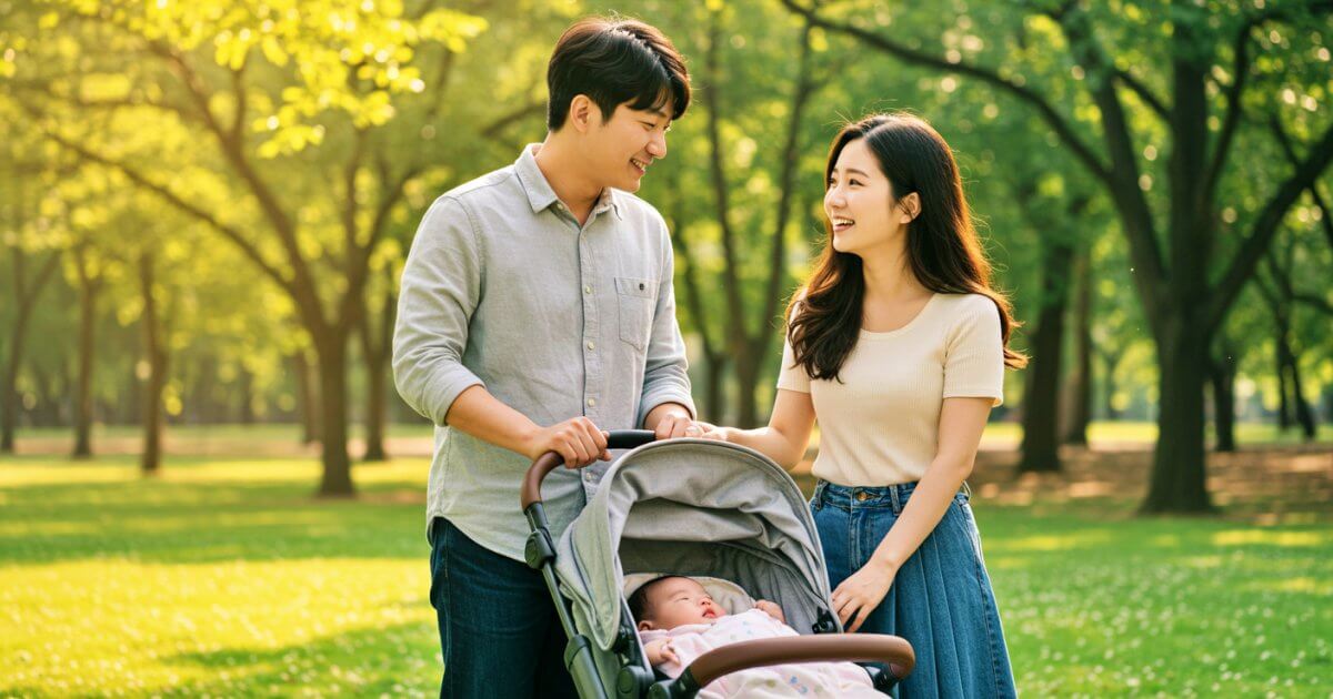 신생아 특례 디딤돌 대출 통해 집마련 꿈에 부푼 부부가 아이와 함께 공원산책 중