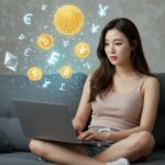 젊은 여성이 노트북으로 사용할 코인지갑 써칭 중
