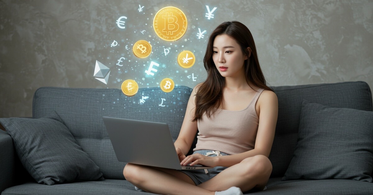 젊은 여성이 노트북으로 사용할 코인지갑 써칭 중