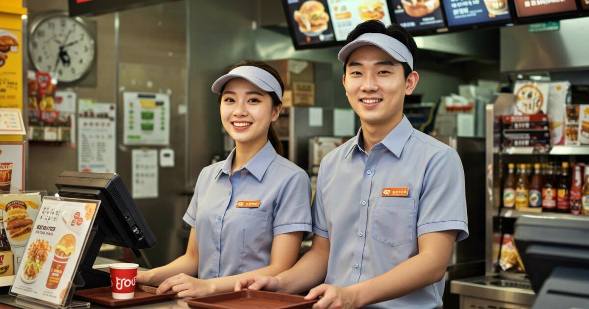 패스트푸드점에서 일하는 남자여자,