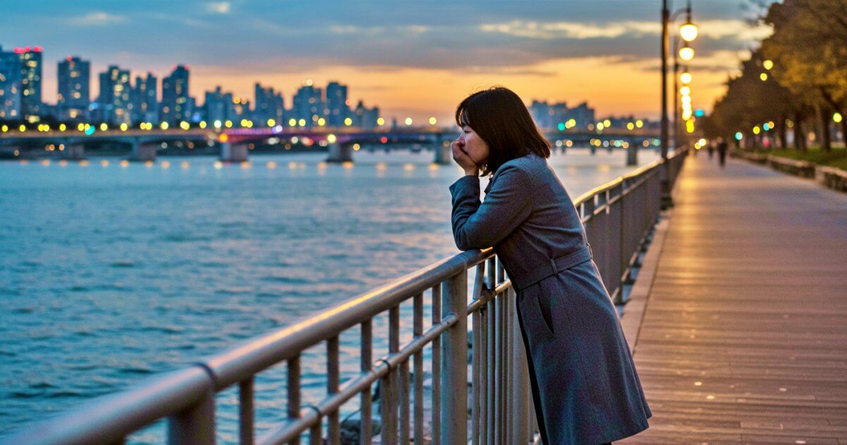 과다한 채무로 낙담한 여성이 강변에 서있다