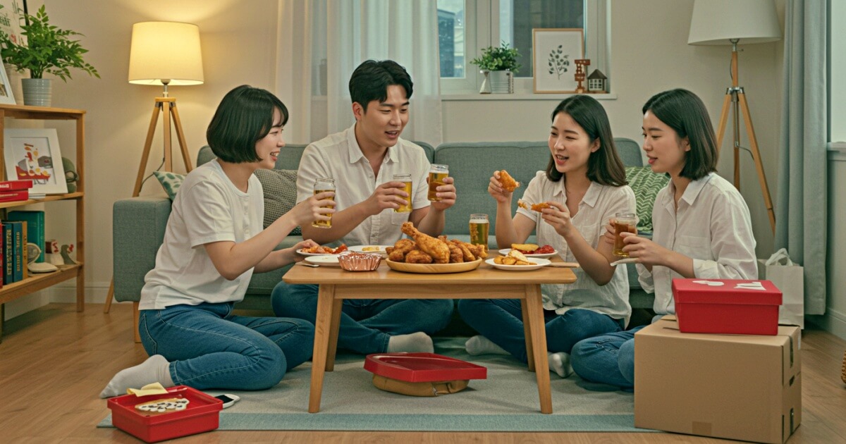 전세방을 얻은 부부가 친구들과 맥주를 마시고 있다
