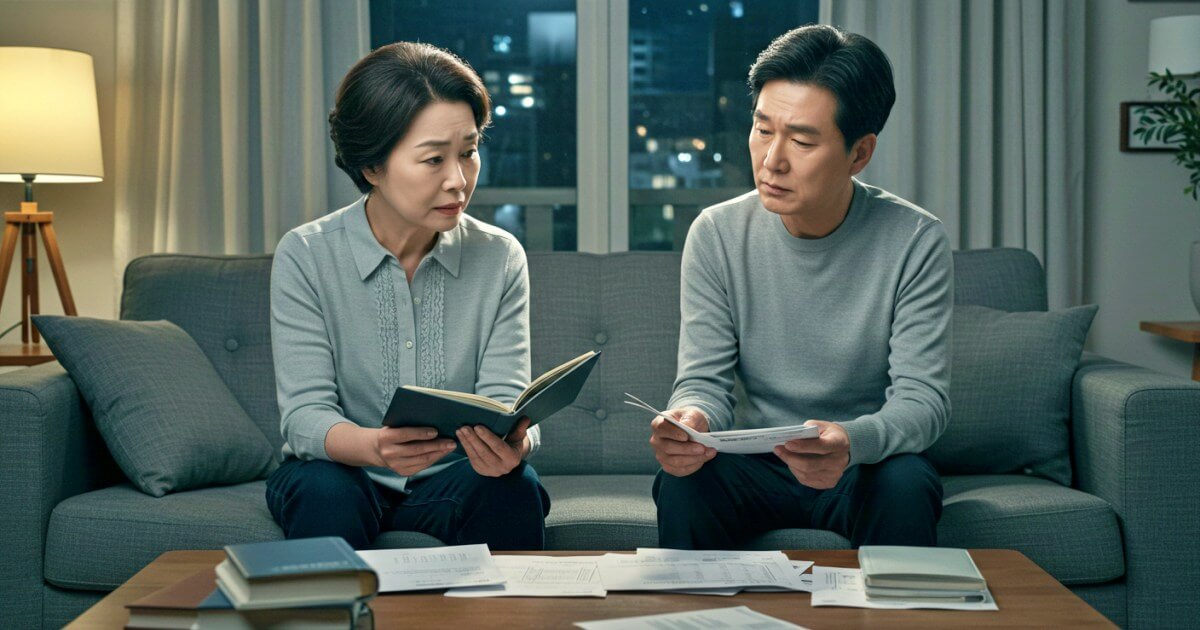 노후준비 자금을 걱정하는 중년 부부