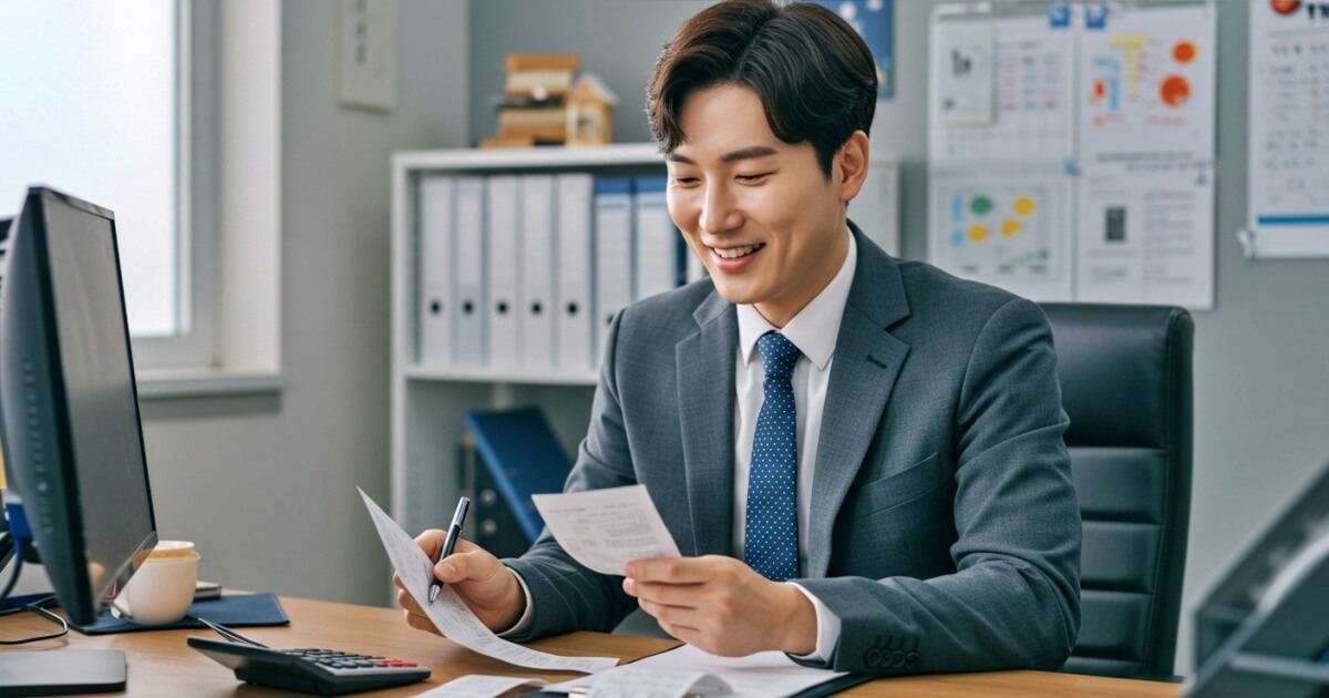 신용카드 소득공제 서류 정리중인 남성