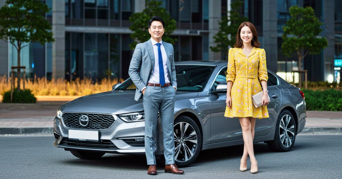 자동차 할부 이용해서 산 차앞에 서있는 부부